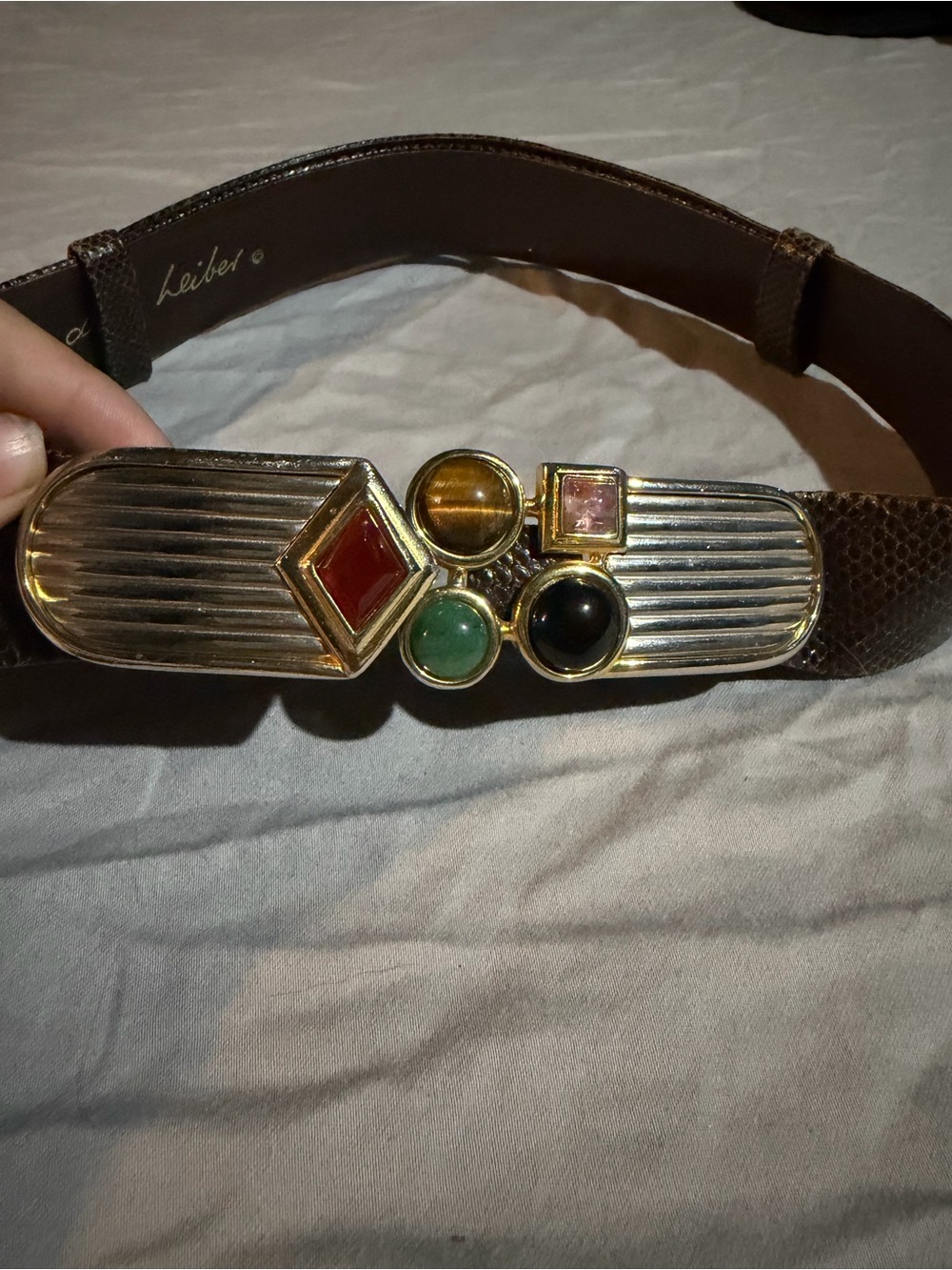 Judith Leiber Brown Belt with Gold-Tone Multistone Buckle